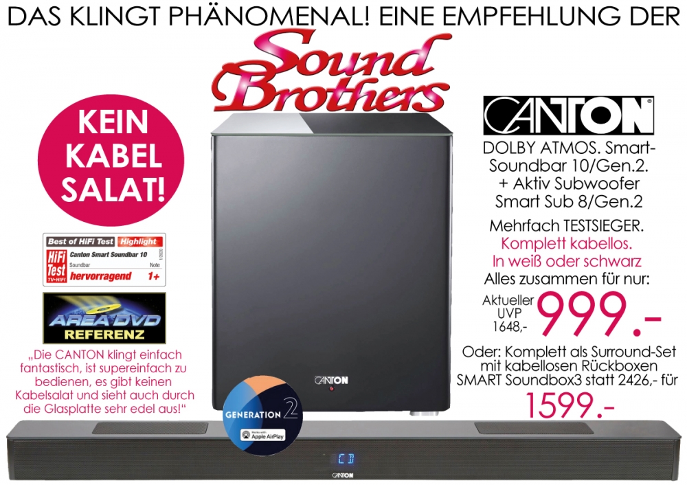 Bild 1 von CANTON Smart 10-Set. 2. Generation. Kabellos! DOLBY ATMOS Soundbar + Sub 8. Auch mit Rückboxen!