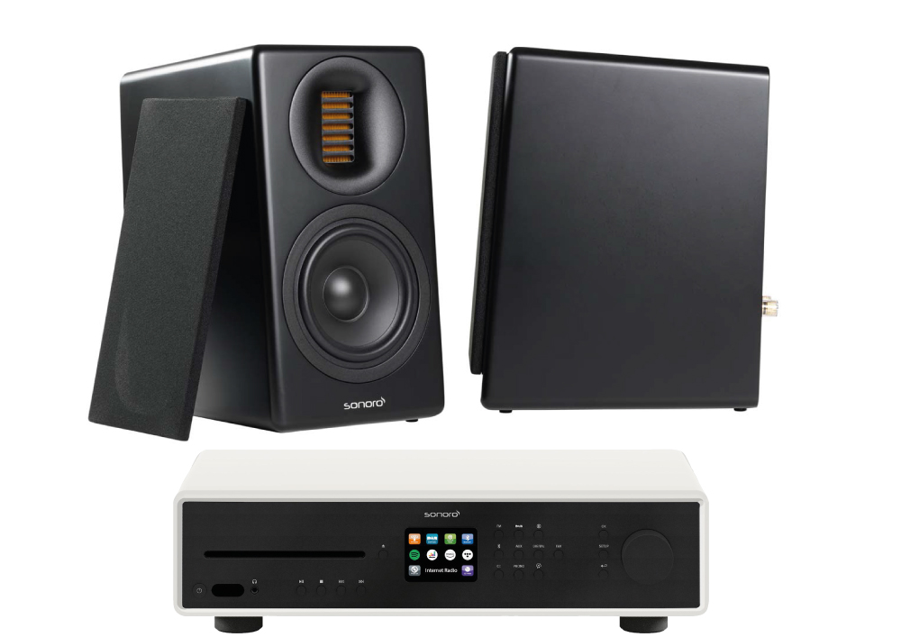 Bild 1 von SONORO HiFi-Anlage 1 : Maestro + Orchestra Slim-Boxen.  Schwarz oder weiß.  SUPER-DEALZ!  / (Farbe) Matt schwarz, Front schwarz, Boxen schwarz