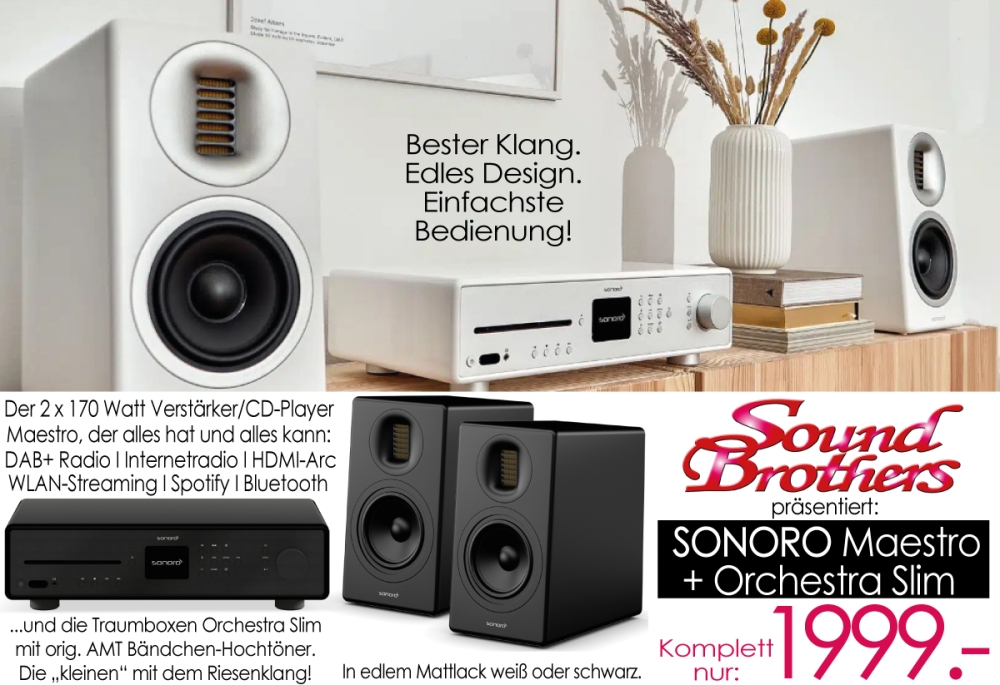 Bild 1 von SONORO HiFi-Anlage: Maestro plus Orchestra Slim-Boxen. Sonderpreis. Sol. Vorrat! Schwarz oder weiß.