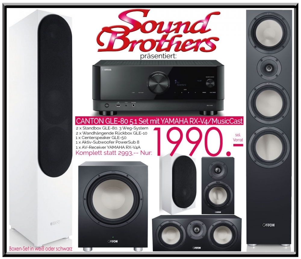 Bild 1 von CANTON/YAMAHA 5.1 Set. GLE-80, 50, 10, Sub 8. YAMAHA RX-V4A/MusicCast. Sonderpreis!