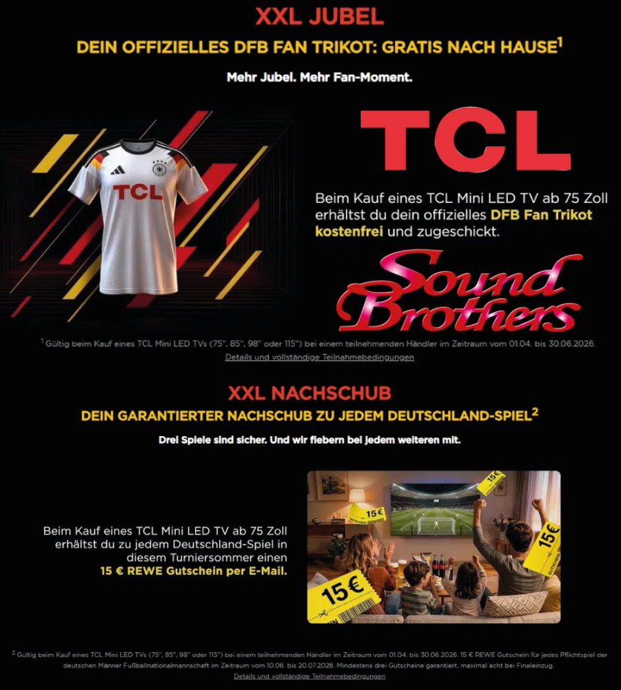 Bild 1 von TCL WM Aktion. Trikot und Rewe-Gutscheine beim Kauf eines TCL-TV ab 75 Zoll