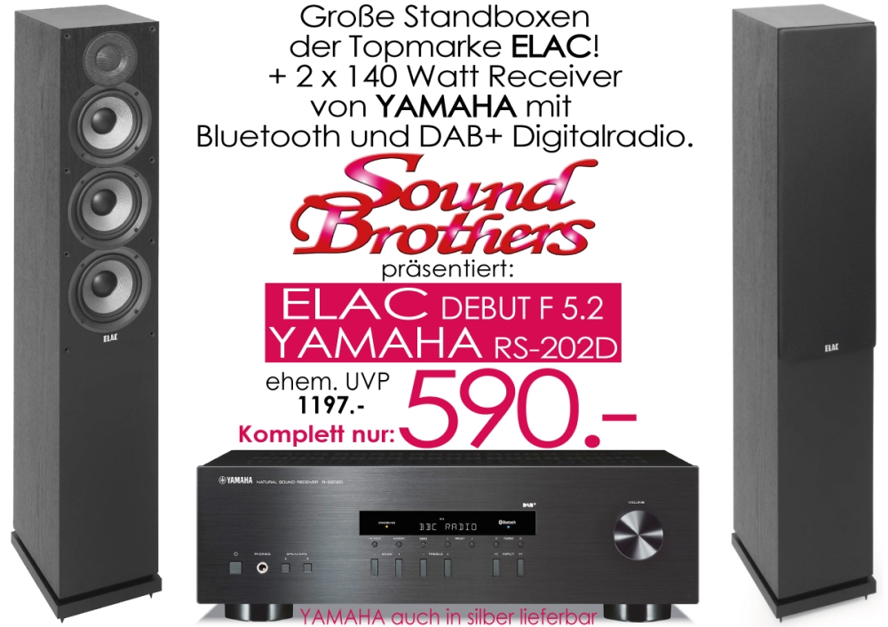 Bild 1 von YAMAHA, ELAC Einsteiger-Paket. 2 x 115 W Receiver RS-202D + ELAC Standboxen Debut F5.2. ACTIONDEALZ!