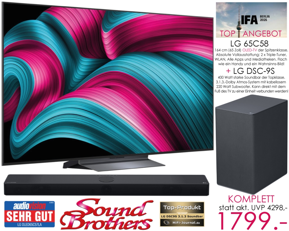 Bild 1 von LG 65 Zoll Soundbar-Paket. OLED TV 65C58 + Atmos-Soundbar DSC-9S. Direktabzug!