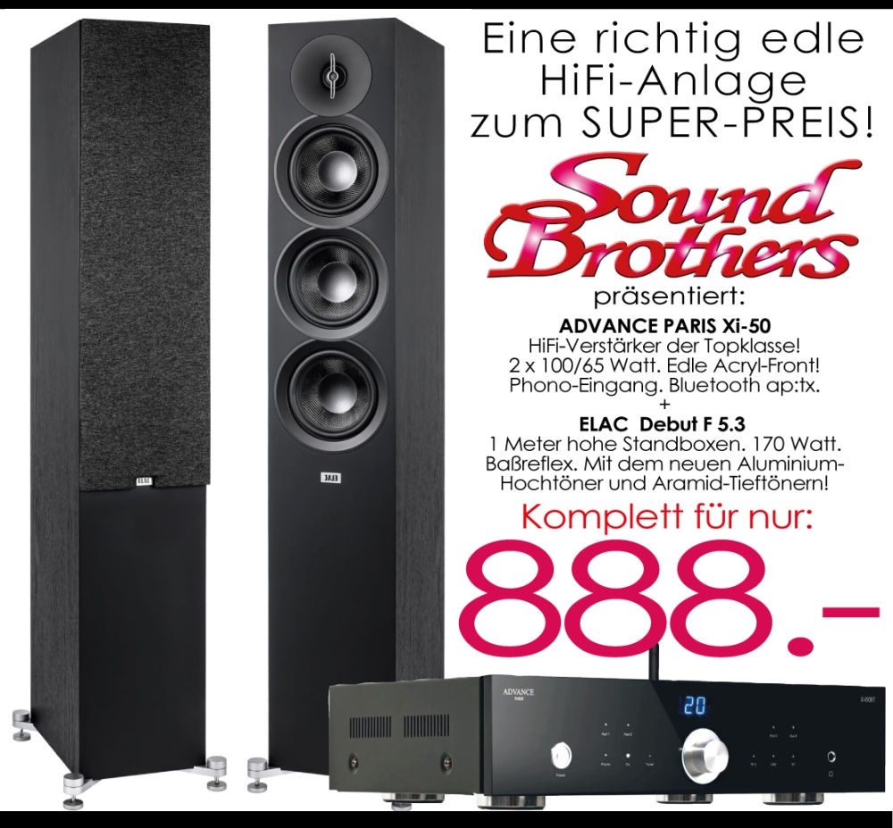 Bild 1 von ADVANCE, ELAC Einsteiger-Paket. 2 x 100 W Verstärker X-i 5+ELAC Standboxen  F 5.3. HOT-SUMMER-DEALZ