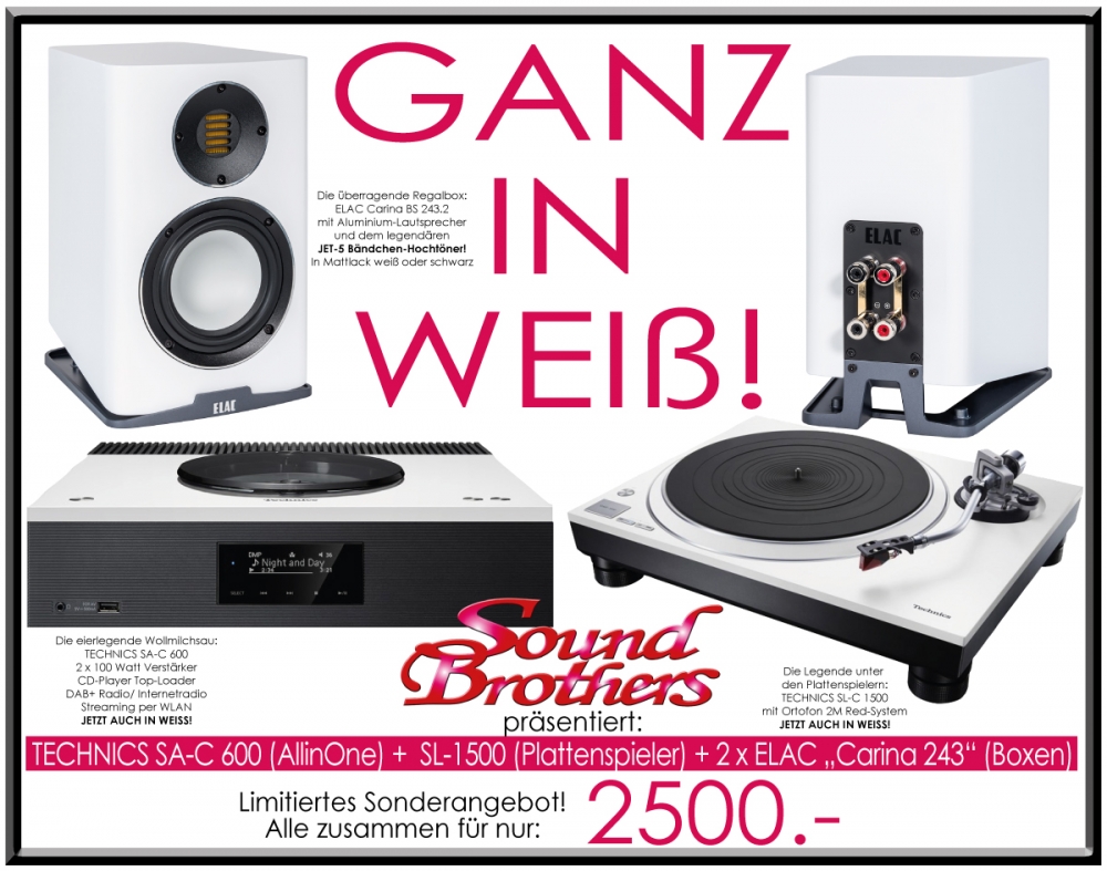 Bild 1 von Ganz in Weiß: Technics/ELAC Paket. SA-C600, SL-C1500, Carina 243.2 mit JET-5-Hochtöner. Sol. Vorrat!